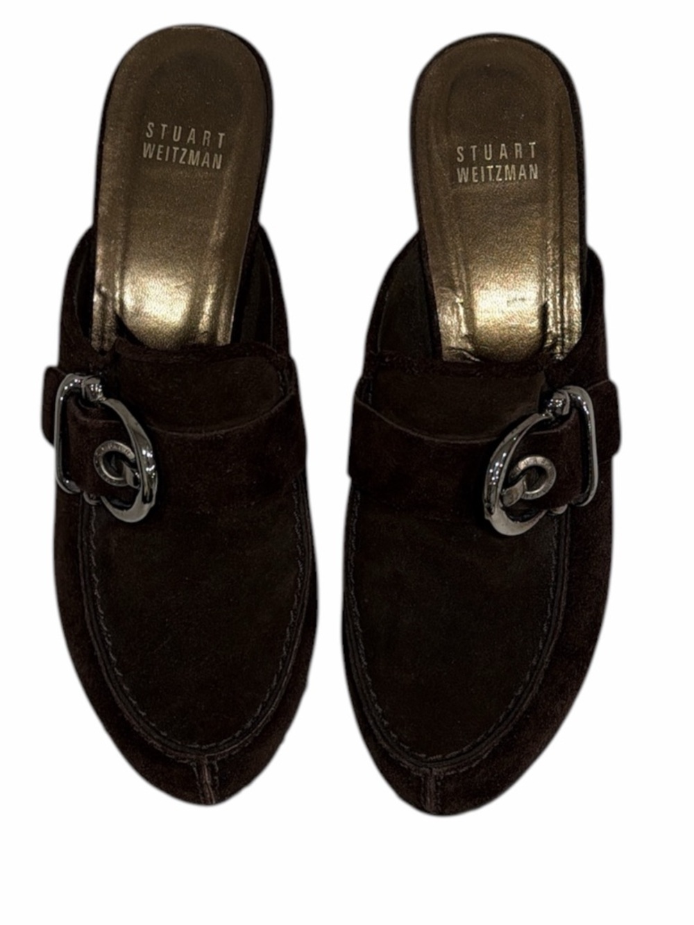 Stuart Weitzman Brown Suede Mule Heels 8 Silver Buckle Clog Slip On 3” Heel - Picture 4 of 9